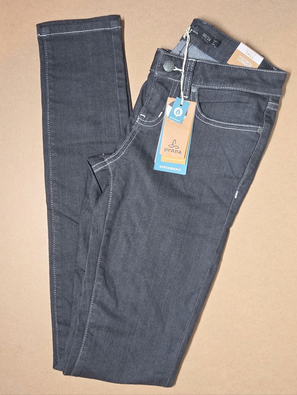 prAna Kayla Women's Jeans Sz 00 Tall Charcoal Stretch Straight Leg Denim 24x36